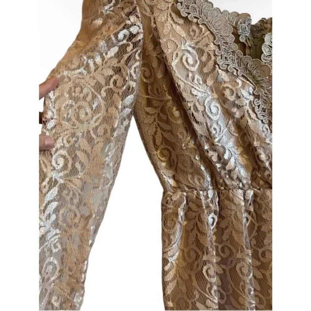 Vintage JCPenney 10P Taupe Rose Gold Lace Maxi Dress Petite Long Sleeve DressUSA